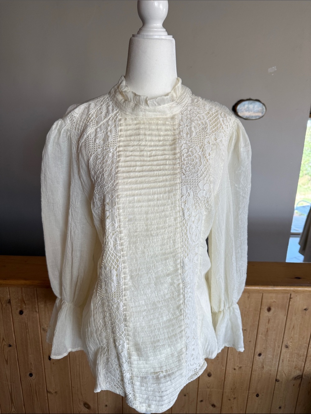 Women's Cream Lace Pintuck High-Neck Blouse